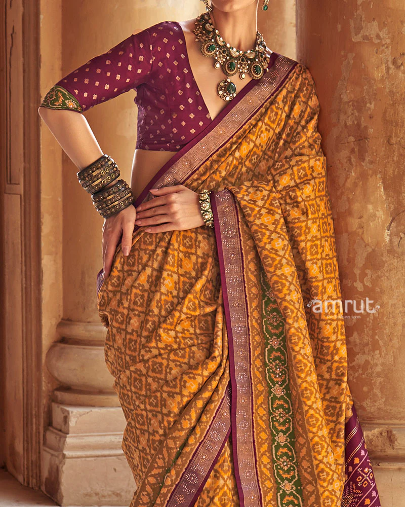 Yellow Patola Silk Saree with Purple Embellished Border and Unstitched Blouse - Image 3