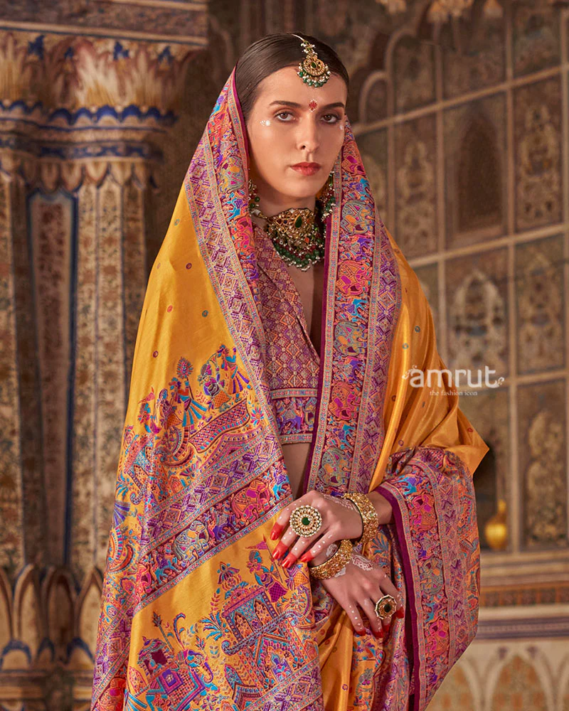 Yellow with Floral Motifs Printed Border Saree and Unstitched Blouse - Image 2