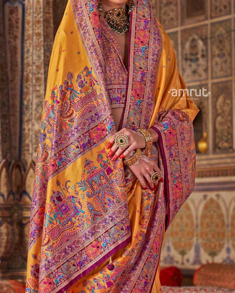 Yellow with Floral Motifs Printed Border Saree and Unstitched Blouse - Image 3