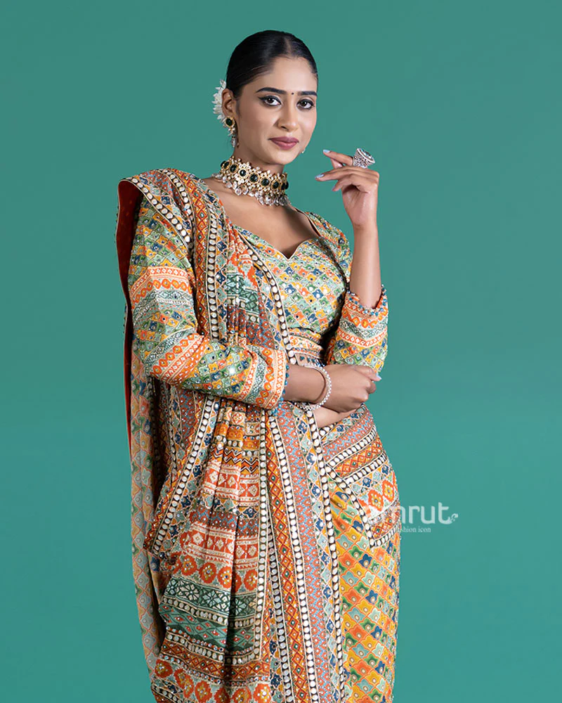 Yellow with Multicolored Mirror Embroidered Saree with Stitched Blouse - Image 2