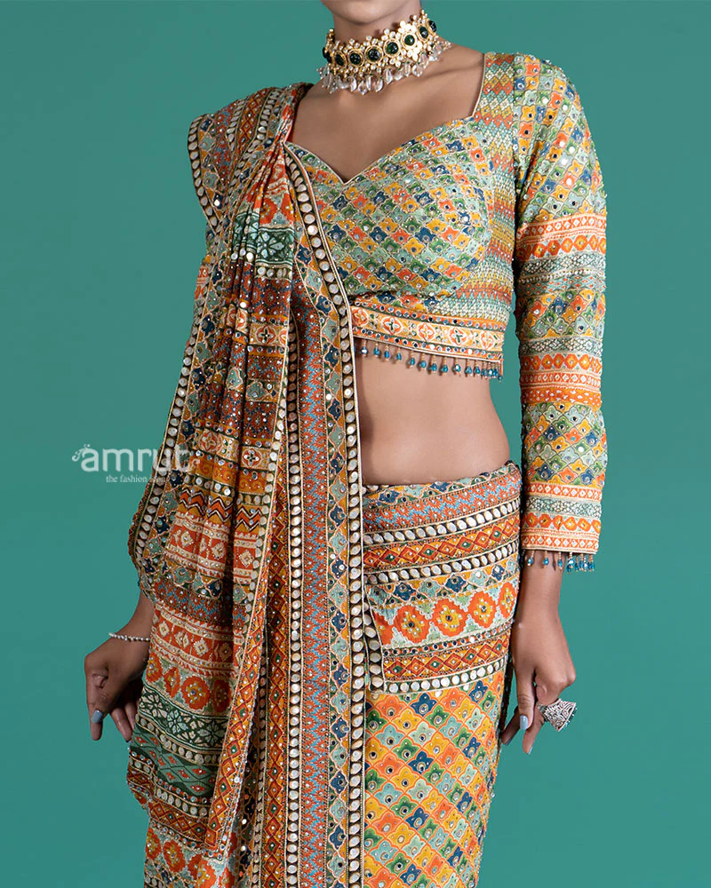 Yellow with Multicolored Mirror Embroidered Saree with Stitched Blouse - Image 3