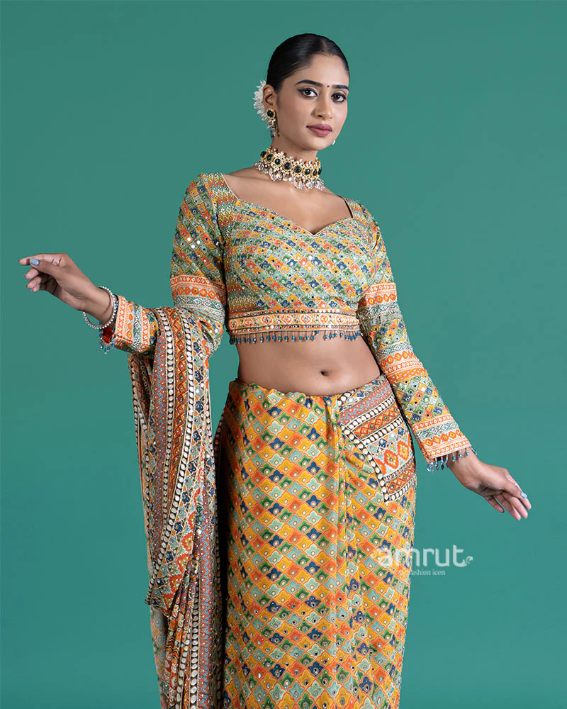 Yellow with Multicolored Mirror Embroidered Saree with Stitched Blouse - Image 4