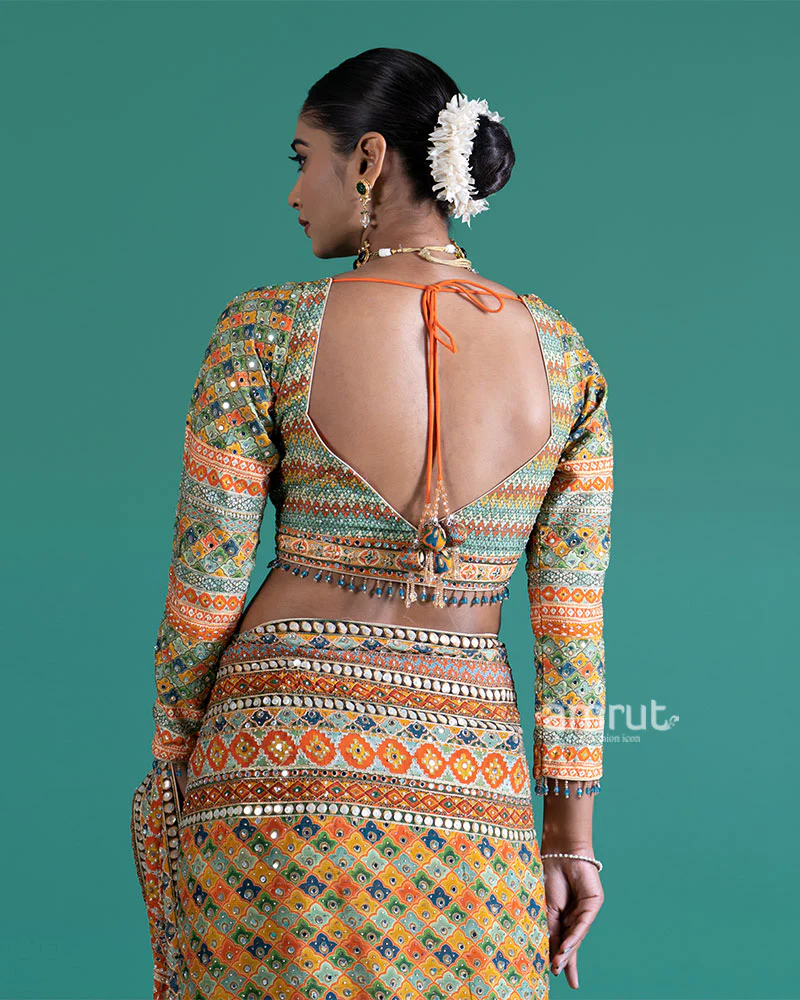 Yellow with Multicolored Mirror Embroidered Saree with Stitched Blouse - Image 5