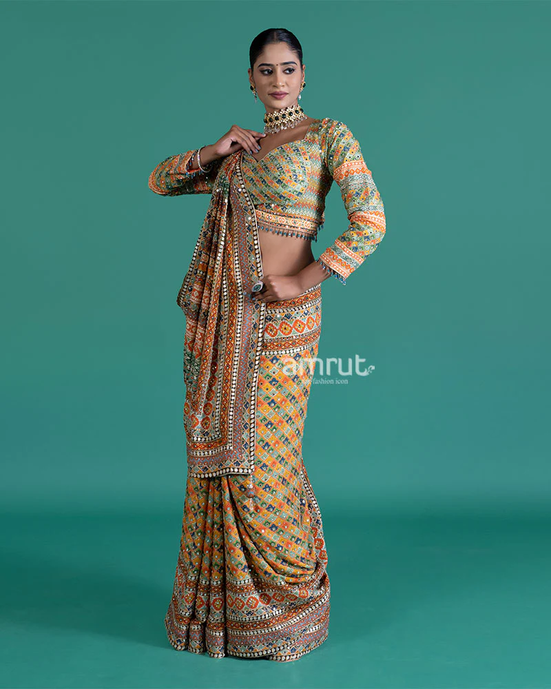 Yellow with Multicolored Mirror Embroidered Saree with Stitched Blouse - Image 6
