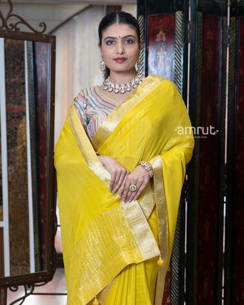 Yellow Zari Embellished Border Saree with Stitched Blouse - Image 2