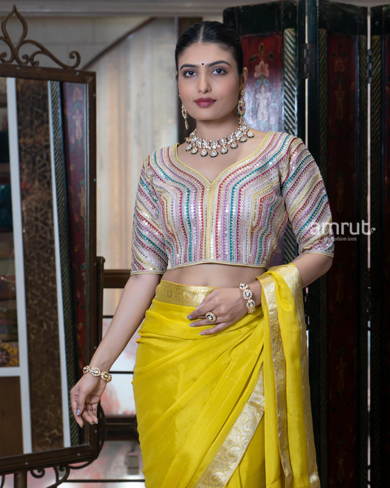 Yellow Zari Embellished Border Saree with Stitched Blouse - Image 4