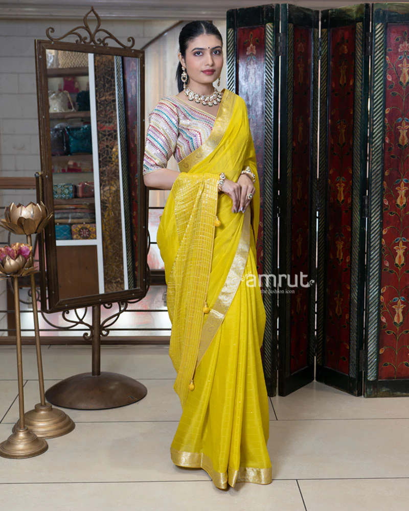 Yellow Zari Embellished Border Saree with Stitched Blouse - Image 6